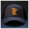 Black twill baseball cap with faux leather patch heat transferred Minnesota logo by Apex Transfers