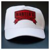 white twill baseball cap with red black faux leather patch heat transfer from Apex Transfers