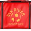 Red nylon tote bag featuring Hot Printz™ DTF transfer Elk River Soccer logo