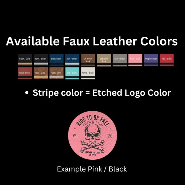 Round faux leather patch with stock color example and custom text