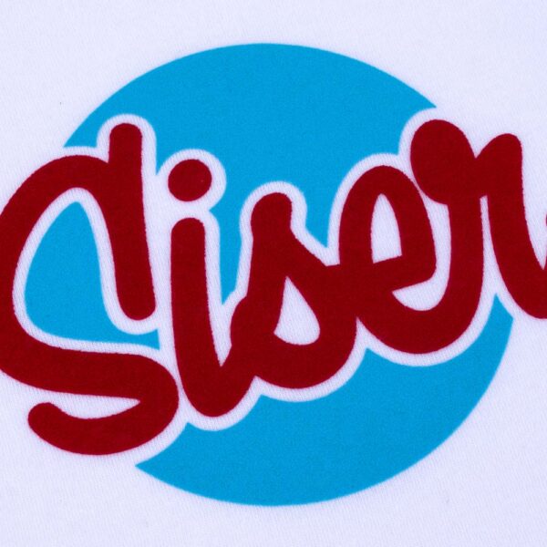 StripFlock heat transfer vinyl logo design in blue and red