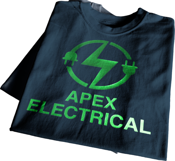 Black cotton t-shirt printed with bright green electric HTV design