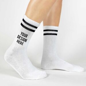 White crew socks with black stripes for custom heat transfers
