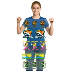 woman holding up a Hot Printz™ DTF heat transfer gang sheet by Apex Transfers