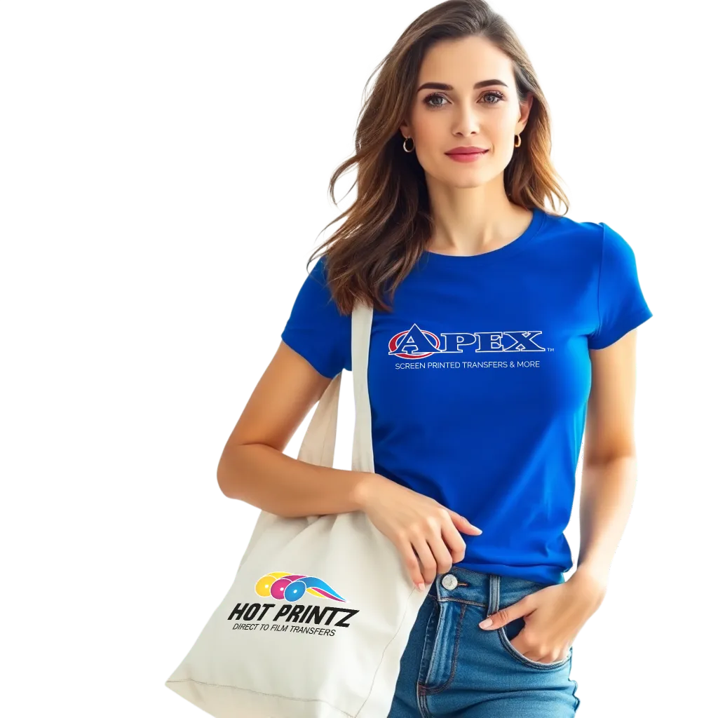 young woman with blue t-shirt and canvas tote bag with printed heat transfers using Hot Printz™ DTF heat transfers by Apex Transfers