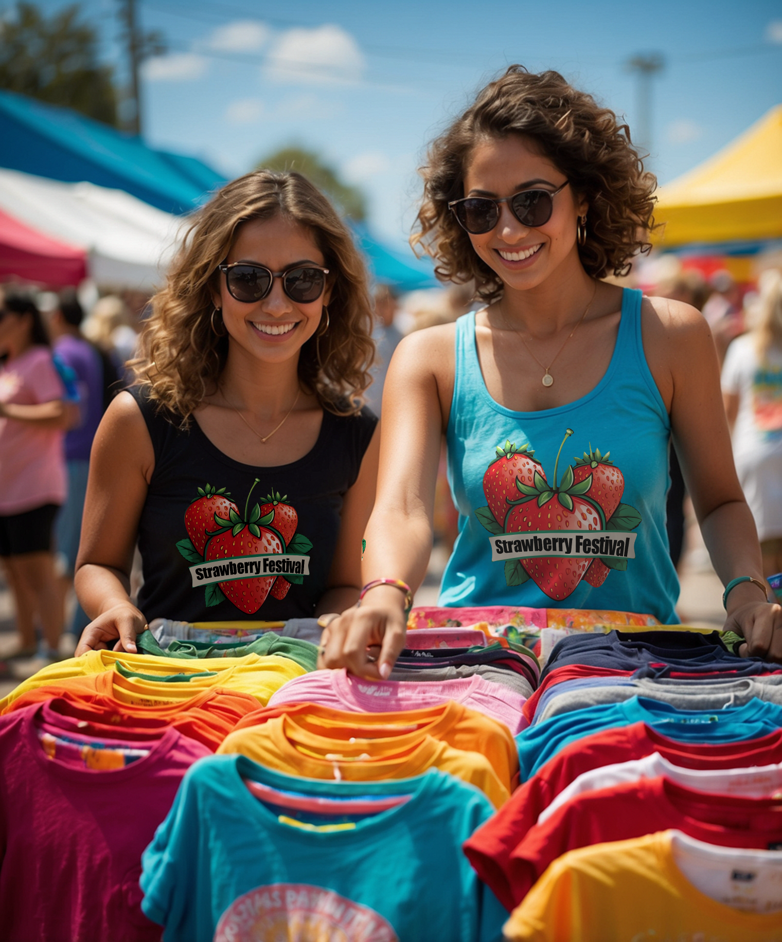 Festival workers selling colorful t-shirts during National Small Business Month