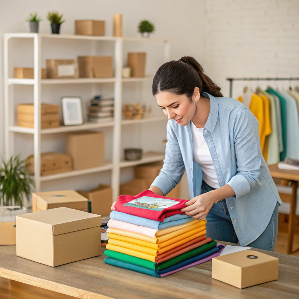Woman folding colorful custom t-shirts during National Small Business Month
